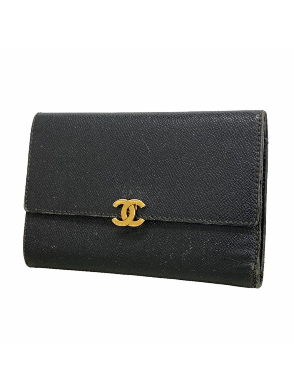 Chanel Trifold Wallet Leather Black Gold